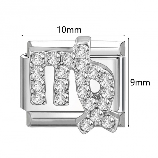 Picture of 304 Stainless Steel & Zinc Based Alloy Italian Charm Links For DIY Modular Bracelet Watch Jewelry Making Wholesale Silver Tone Rectangle Zodiac Constellation Clear Rhinestone 10mm x 9mm