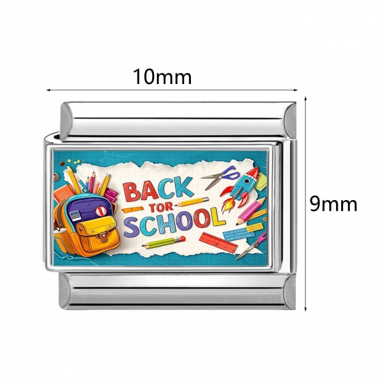 Picture of 304 Stainless Steel Italian Charm Links For DIY Modular Bracelet Watch Jewelry Making Wholesale Silver Tone Rectangle Message " Back To School " 10mm x 9mm