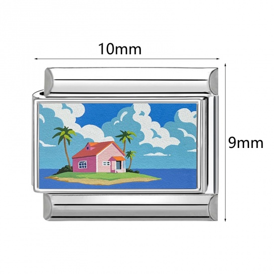 Picture of 304 Stainless Steel Ocean Jewelry Italian Charm Links For DIY Modular Bracelet Watch Jewelry Making Wholesale Silver Tone Rectangle Sea 10mm x 9mm