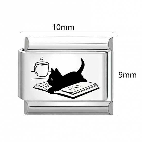 Picture of 304 Stainless Steel Italian Charm Links For DIY Modular Bracelet Watch Jewelry Making Wholesale Silver Tone Black Rectangle 10mm x 9mm