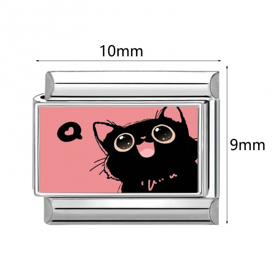 Picture of 304 Stainless Steel Italian Charm Links For DIY Modular Bracelet Watch Jewelry Making Wholesale Silver Tone Rectangle Cat 10mm x 9mm