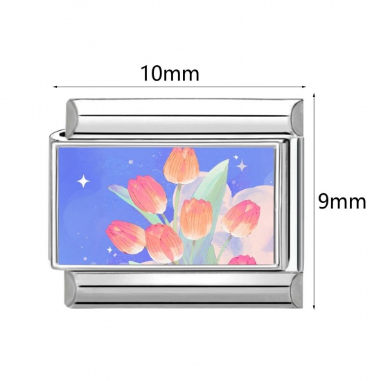 Picture of 304 Stainless Steel Italian Charm Links For DIY Modular Bracelet Watch Jewelry Making Wholesale Silver Tone Rectangle Girl 10mm x 9mm