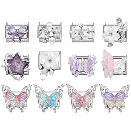 Immagine di 1 Pz 304 Acciaio Inossidabile & Lega di Zinco Magnetiche Italiane per Bracciali Modulari e Orologi Fai‑Da‑Te All'Ingrosso Tono Argento Rettangolo Farfalla Imitata Perla 10mm x 9mm