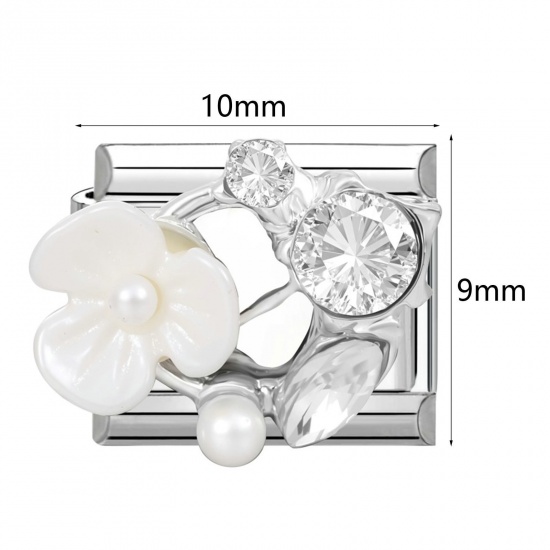Picture of 304 Stainless Steel & Zinc Based Alloy Italian Charm Links For DIY Modular Bracelet Watch Jewelry Making Wholesale Silver Tone Rectangle Butterfly Imitation Pearl 10mm x 9mm