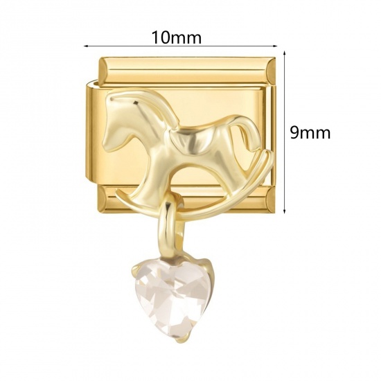 Picture of 304 Stainless Steel & Zinc Based Alloy Italian Charm Links For DIY Modular Bracelet Watch Jewelry Making Wholesale Gold Plated Rectangle Rocking Horse 10mm x 9mm