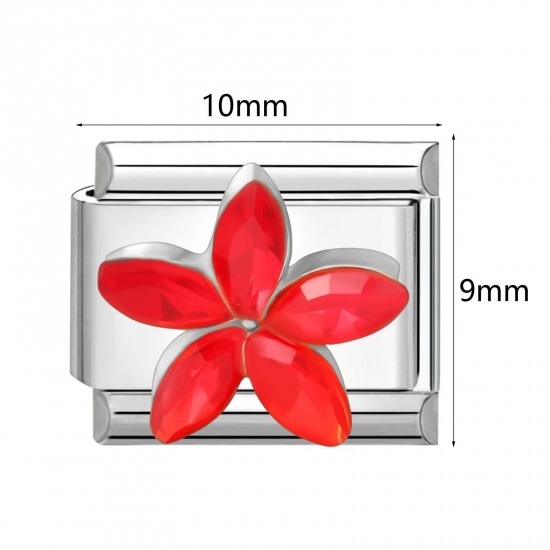 Picture of 304 Stainless Steel & Zinc Based Alloy Italian Charm Links For DIY Modular Bracelet Watch Jewelry Making Wholesale Rectangle Flower Multicolor Rhinestone 10mm x 9mm