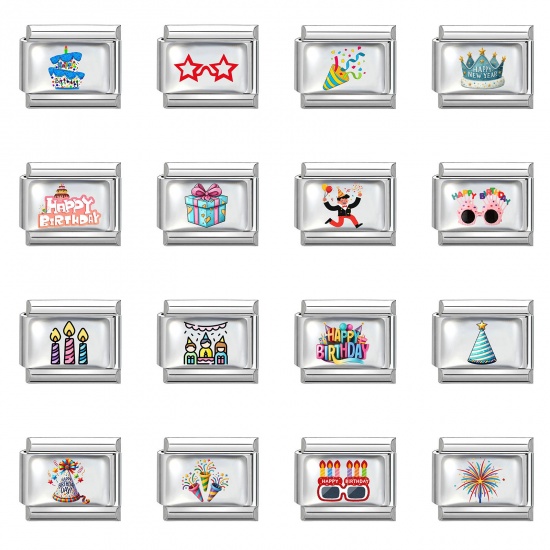 Picture of 304 Stainless Steel Birthday Italian Charm Links For DIY Modular Bracelet Watch Jewelry Making Wholesale Silver Tone Multicolor Rectangle 10mm x 9mm