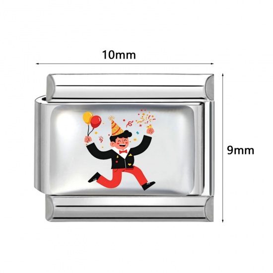 Picture of 304 Stainless Steel Birthday Italian Charm Links For DIY Modular Bracelet Watch Jewelry Making Wholesale Silver Tone Multicolor Rectangle 10mm x 9mm