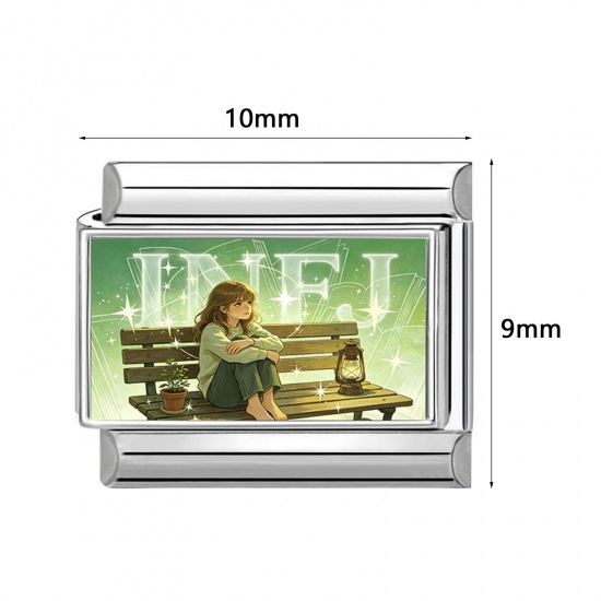 Picture of 304 Stainless Steel MBTI Personality Type Italian Charm Links For DIY Modular Bracelet Watch Jewelry Making Wholesale Silver Tone Multicolor Rectangle Girl 10mm x 9mm