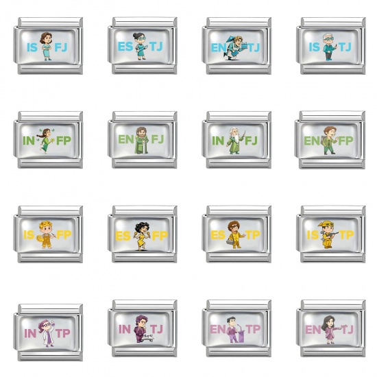 Picture of 304 Stainless Steel MBTI Personality Type Italian Charm Links For DIY Modular Bracelet Watch Jewelry Making Wholesale Silver Tone Multicolor Rectangle Person 10mm x 9mm