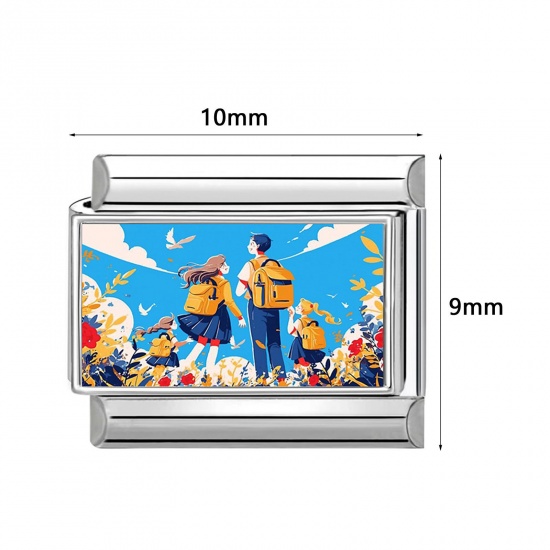 Picture of 304 Stainless Steel Italian Charm Links For DIY Modular Bracelet Watch Jewelry Making Wholesale Silver Tone Multicolor Rectangle Message " Back To School " 10mm x 9mm