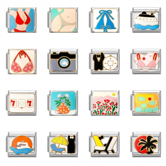 Picture of 304 Stainless Steel Italian Charm Links For DIY Modular Bracelet Watch Jewelry Making Wholesale Silver Tone Enamel Rectangle Bikini 10mm x 9mm