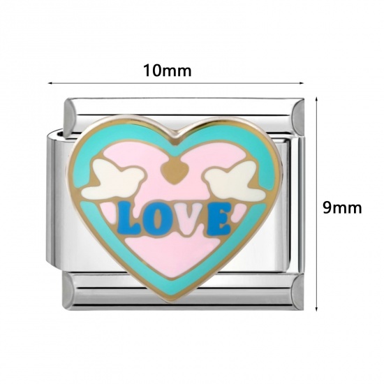 Picture of 304 Stainless Steel Italian Charm Links For DIY Modular Bracelet Watch Jewelry Making Wholesale Silver Tone Multicolor Enamel Rectangle Heart 10mm x 9mm