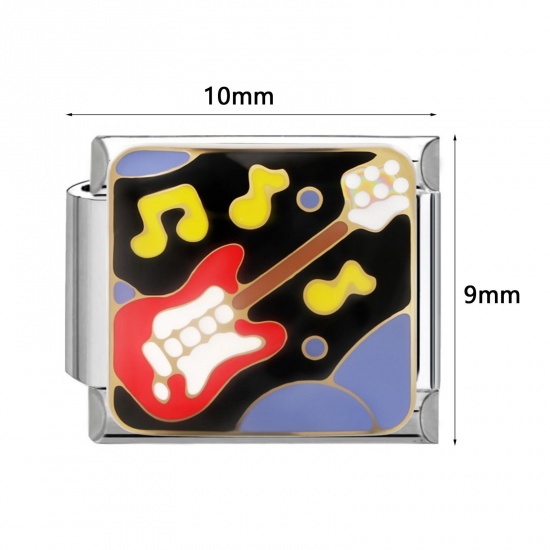 1 個 304ステンレス鋼 音楽 イタリアンチャームリンク DIY モジュラーブレスレット・時計用 卸売り シルバートーン 多色 エナメル 長方形 楽器 10mmx 9mm、 の画像