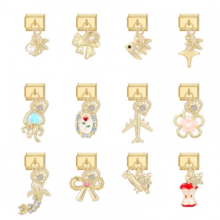 1 個 304ステンレス鋼 イタリアンチャームリンク DIY モジュラーブレスレット・時計用 卸売り 金メッキ シェル りんご 10mmx 9mm、 の画像