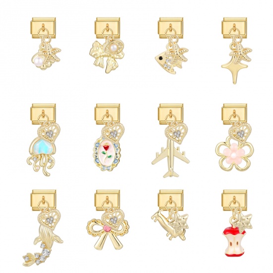 Picture of 304 Stainless Steel Italian Charm Links For DIY Modular Bracelet Watch Jewelry Making Wholesale Gold Plated Shell Apple Fruit 10mm x 9mm