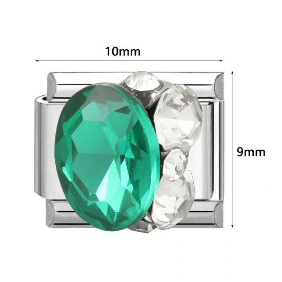 Picture of 304 Stainless Steel Italian Charm Links For DIY Modular Bracelet Watch Jewelry Making Wholesale Silver Tone Rectangle Green Rhinestone 10mm x 9mm