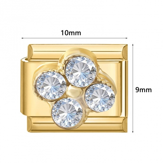 Picture of 304 Stainless Steel Italian Charm Links For DIY Modular Bracelet Watch Jewelry Making Wholesale Gold Plated Rectangle Heart Multicolor Rhinestone 10mm x 9mm
