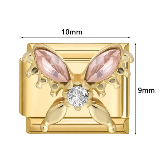 Picture of 304 Stainless Steel Insect Italian Charm Links For DIY Modular Bracelet Watch Jewelry Making Wholesale Gold Plated Rectangle Butterfly Multicolor Rhinestone 10mm x 9mm
