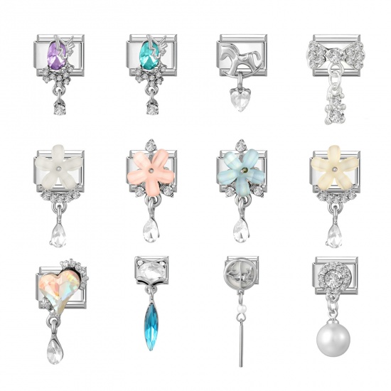 Picture of 304 Stainless Steel Italian Charm Links For DIY Modular Bracelet Watch Jewelry Making Wholesale Silver Tone Rectangle Tassel Multicolor Rhinestone 10mm x 9mm