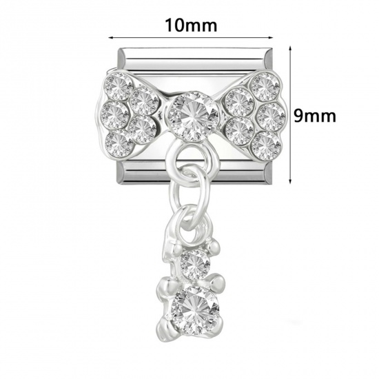 Picture of 304 Stainless Steel Italian Charm Links For DIY Modular Bracelet Watch Jewelry Making Wholesale Silver Tone Rectangle Tassel Multicolor Rhinestone 10mm x 9mm