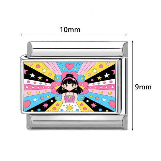 Picture of 304 Stainless Steel Y2K Italian Charm Links For DIY Modular Bracelet Watch Jewelry Making Wholesale Silver Tone Multicolor Rectangle 10mm x 9mm