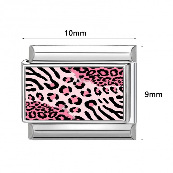 Picture of 304 Stainless Steel Italian Charm Links For DIY Modular Bracelet Watch Jewelry Making Wholesale Silver Tone Multicolor Rectangle Leopard Print 10mm x 9mm