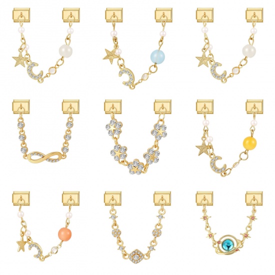 Picture of 1 Piece 304 Stainless Steel Exquisite Italian Charm Connected Chain Double Links For DIY Modular Bracelet Watch Jewelry Making, With Zinc Alloy Pendant Half Moon Infinity Symbol Gold Plated - Wholesale, 10mm x 9mm