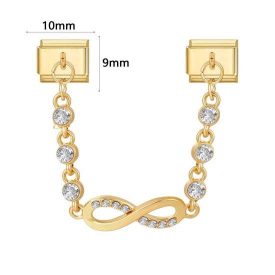 Picture of 1 Piece 304 Stainless Steel Exquisite Italian Charm Connected Chain Double Links For DIY Modular Bracelet Watch Jewelry Making, With Zinc Alloy Pendant Half Moon Infinity Symbol Gold Plated - Wholesale, 10mm x 9mm