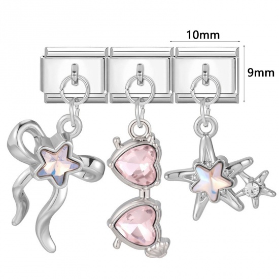 Picture of ( 3 PCs/Set) 304 Stainless Steel Exquisite Italian Charm Links For DIY Modular Bracelet Watch Jewelry Making, With Zinc Alloy Pendant Heart Star Multicolor Silver Tone - Wholesale, 10mm x 9mm