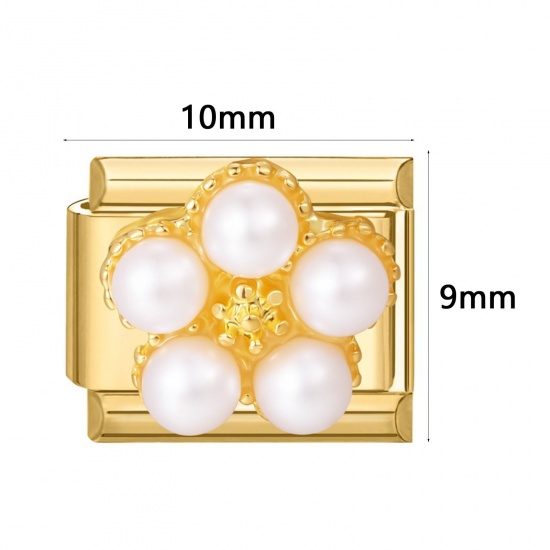 Picture of 1 Piece 304 Stainless Steel Exquisite Italian Charm Links For DIY Modular Bracelet Watch Jewelry Making, Rectangle Flower Enamel Gold Plated - Wholesale, 10mm x 9mm