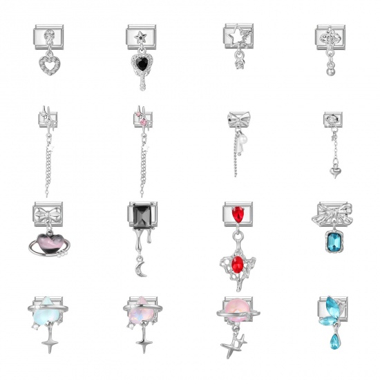 Picture of 1 Piece 304 Stainless Steel Exquisite Italian Charm Links For DIY Modular Bracelet Watch Jewelry Making, Rectangle Star Multicolor Rhinestone Silver Tone - Wholesale, 10mm x 9mm