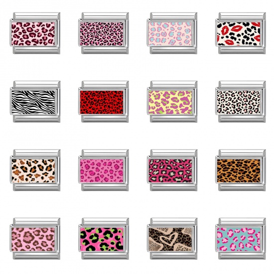 Picture of 1 Piece 304 Stainless Steel Punk Italian Charm Links For DIY Modular Bracelet Watch Jewelry Making, Rectangle Leopard Print Multicolor Silver Tone - Wholesale, 10mm x 9mm