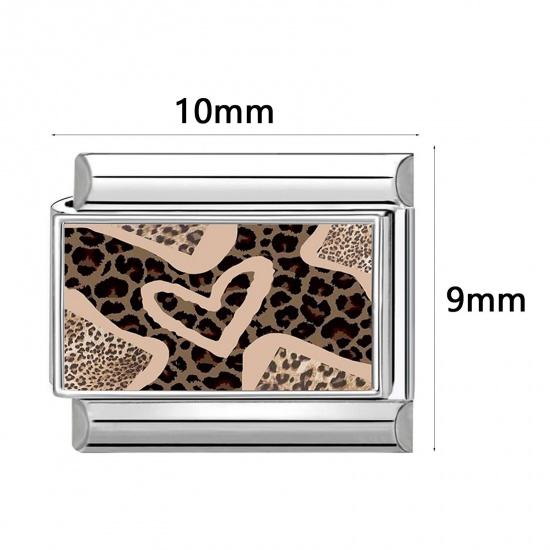 Picture of 1 Piece 304 Stainless Steel Punk Italian Charm Links For DIY Modular Bracelet Watch Jewelry Making, Rectangle Leopard Print Multicolor Silver Tone - Wholesale, 10mm x 9mm