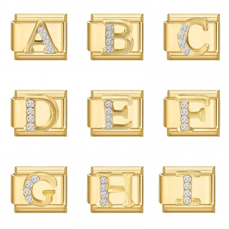 Picture of 1 Piece 304 Stainless Steel Italian Charm Links For DIY Modular Bracelet Watch Jewelry Making, Rectangle Capital Alphabet Initial Letter Message " A-Z " Clear Rhinestone Gold Plated - Wholesale, 10mm x 9mm