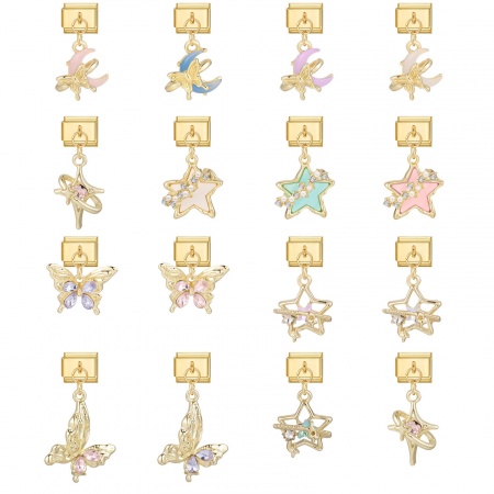 Image de 1 Pièce Maillons de Charme Italiens pour la Fabrication de Bijoux de Montres-Bracelets Modulables à Faire Soi-Même En Gros en 304 Acier Inoxydable Doré Papillon Etoile à Strass Coloré Alliage de Zinc Pendentif 10mm x 9mm