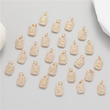 Brass Micro Pave Charms 14K Gold Plated Rectangle Capital Alphabet Initial Letter Clear Cubic Zirconia 17mm x 9mm