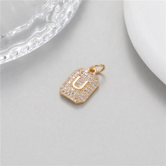 Picture of 1 Piece Brass Micro Pave Charms 14K Gold Plated Rectangle Capital Alphabet Initial Letter Clear Cubic Zirconia 17mm x 9mm