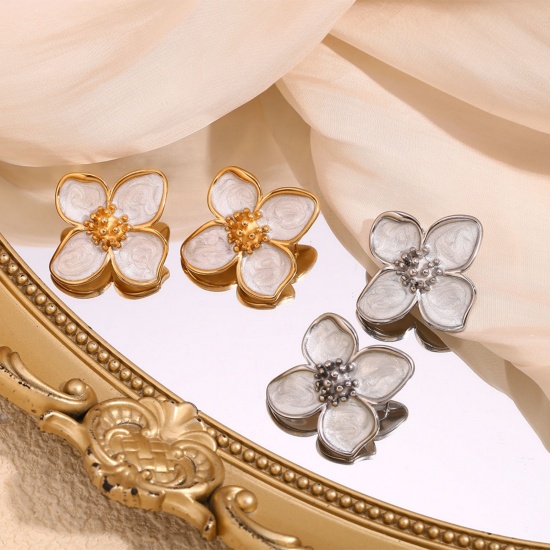 Picture of Stylish Ins Style Multicolor Stainless Steel Flower Enamel Ear Post Stud Earrings For Women 3.7cm x 3.4cm