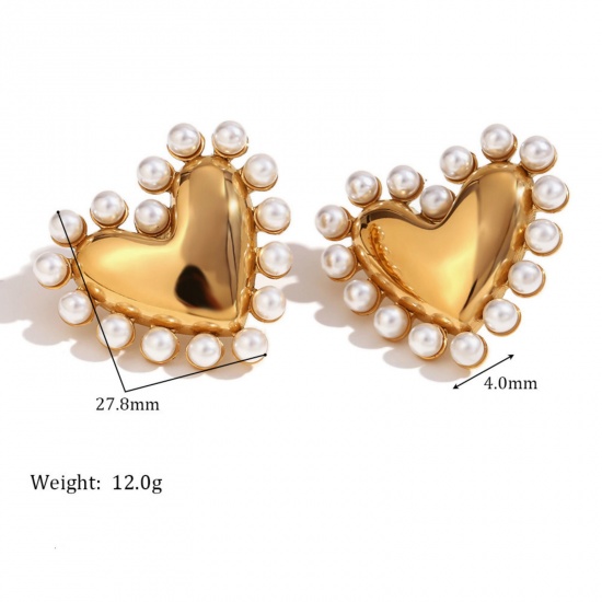 Picture of 1 Pair Stylish Ins Style Multicolor Stainless Steel Heart Imitation Pearl Ear Post Stud Earrings For Women 27.8mm