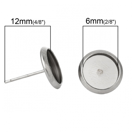Bild von 304 Edelstahl Ohrring Rund Silberfarbe für Cabochon (für 6mm D.) 12mm x 8mm, Drahtstärke: (20 gauge), 30 Stück
