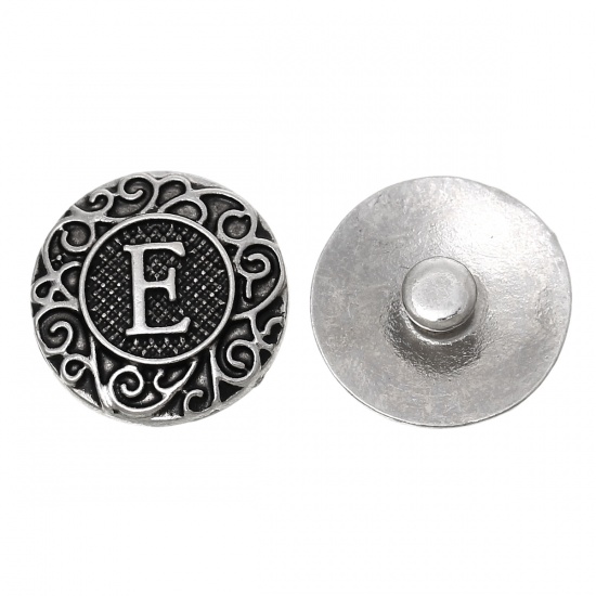 Picture of 19mm Zinc Based Alloy Snap Buttons Round Antique Silver Alphabet /Letter " E " Carved Fit Snap Button Bracelets, Knob Size: 5.5mm( 2/8"), 6 PCs