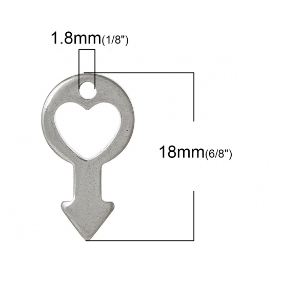 Image de Pendentif Estampe en Filigrane Creux en 304 Acier Inoxydable Signe d'Homme Argent Mat Cœur 18mm x 10mm, 10 Pcs