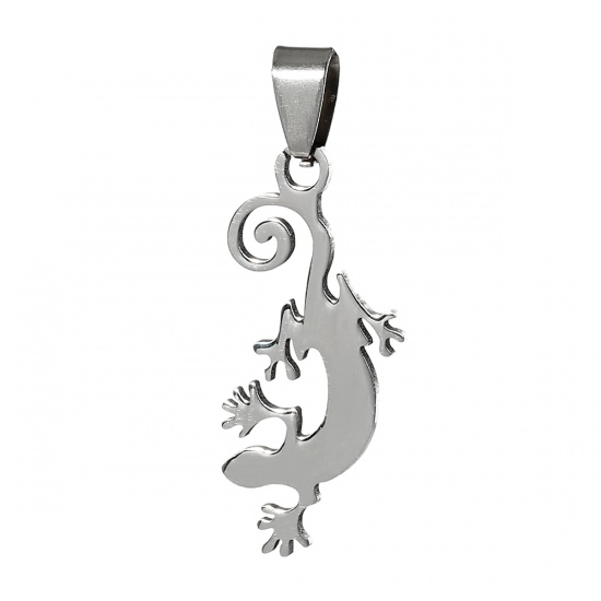 Immagine di Acciaio Inossidabile Charm Ciondoli Lucertola Tono Argento 44mm x 16mm , 2 Pz