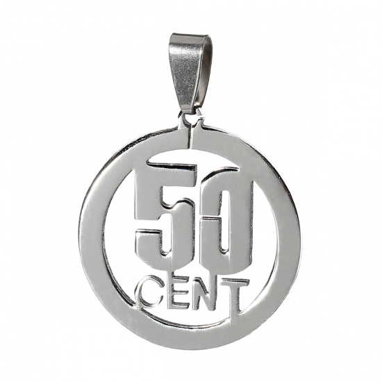 Picture of 304 Stainless Steel Pendants Round Silver Tone Message " 50 CENT " Carved Hollow 42mm(1 5/8") x 30mm(1 1/8"), 2 PCs