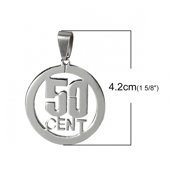 Picture of 304 Stainless Steel Pendants Round Silver Tone Message " 50 CENT " Carved Hollow 42mm(1 5/8") x 30mm(1 1/8"), 2 PCs