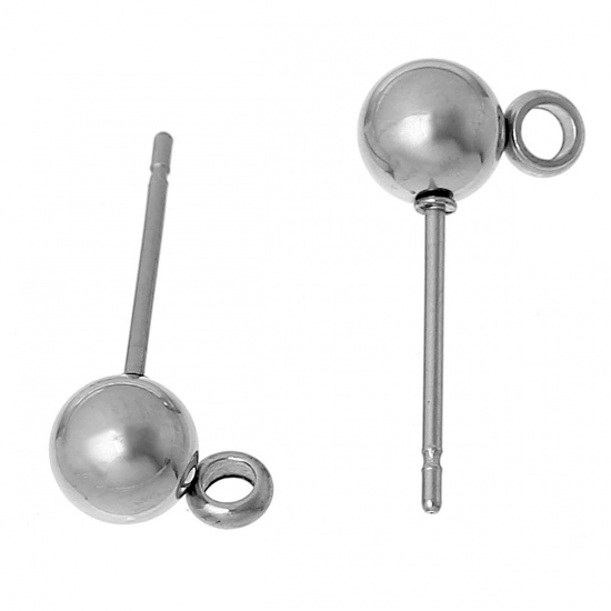 Picture of 304 Stainless Steel Ear Post Stud Earrings Findings Ball Silver Tone W/ Loop 15mm( 5/8") x 7mm( 2/8"), Post/ Wire Size: (21 gauge), 20 PCs