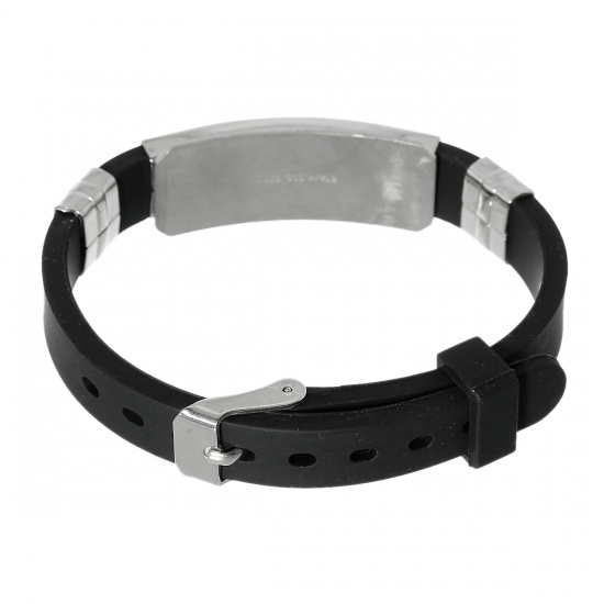 Picture of Silicone Bracelets Black, 304 Stainless Steel Silver Tone Cross Carved 22.7cm(8 7/8"), 1 Piece