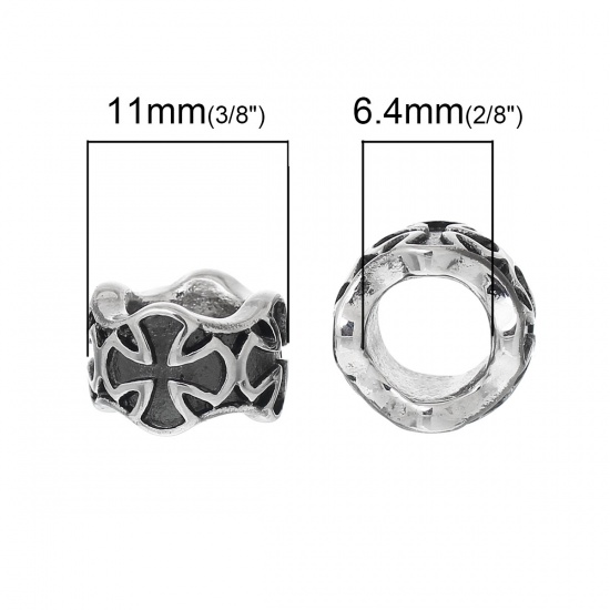 Immagine di 1 Pz 304 Acciaio Inossidabile Perline di Fascino con Foro Grande in Stile Europeo Cilindrico Tono Argento Croce 11mm x 7mm, Buco: Circa 6.4mm