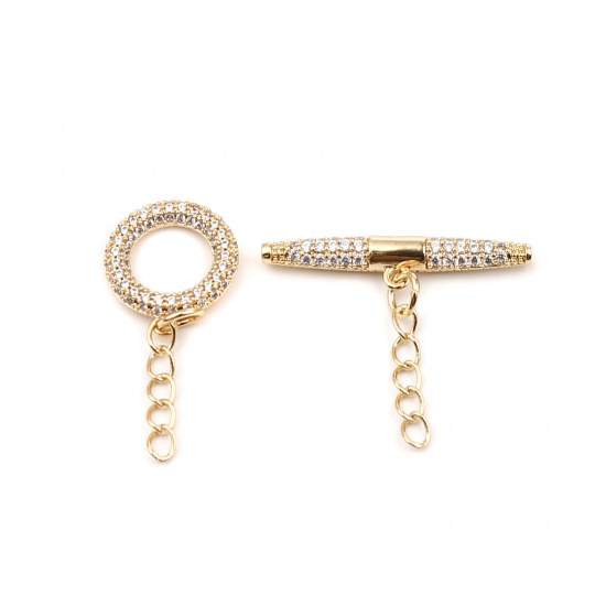 Picture of Brass Toggle Clasps Rectangle 18K Real Gold Plated Circle Ring Clear Rhinestone Micro Pave 34mm x 14mm 28mm x 24mm, 10 Sets                                                                                                                                   
